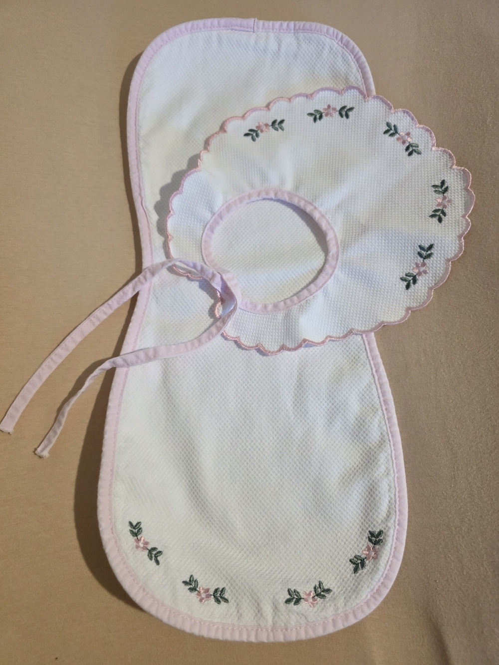 European Baby Girl Embroidered Bib & Burp Cloth Set Pink White Made in Portugal